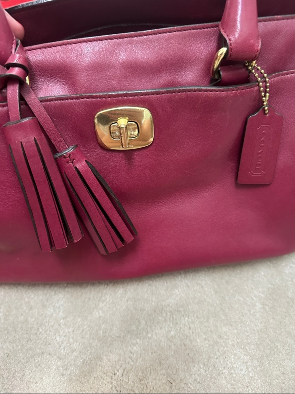 Coach Wine Leather Satchel with Tassel and Gold Turn-Lock - Picture 3 of 5
